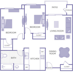 2 bed 1 bath floor plan, kitchen, dining room, living room, patio and storage, 1 walk-in closet, 2 closets