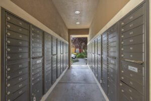 Outdoor covered cluster mailbox units for residents.