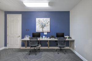 Interior business center, 2 computer stations with printer and office supplies. Cobalt blue wall behind computers with a contemporary floral painting above monitors. Gray walls on both sides. Patterned gray carpeting in business center.
